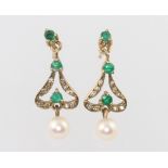 A pair of 9ct yellow gold emerald and pearl earrings 1.9 grams