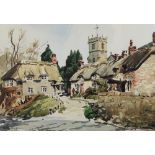 Josiah John Sturgeon (1919-2000), watercolour signed, a village scene with church and figures,