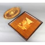An Art Nouveau inlaid mahogany tray/panel with parquetry landscape decoration 38cm x 41cm together