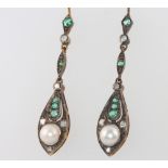 A pair of silver gilt Edwardian style cultured pearl, emerald and diamond earrings