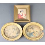 19th Century watercolour indistinctly signed, portrait of a lady 9cm x 7cm and 2 oval watercolours