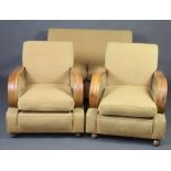 An Art Deco light oak show frame 3 piece suite comprising 2 seat settee 75cm h x 132cm w x 82cm d