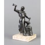 A 19th Century spelter figure of a standing blacksmith at an anvil, raised on a marble base 13cm x