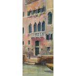 Elizabeth Chalmers, watercolour signed, pink house with green shutters Venice, 45cm x 18cm