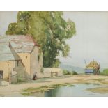 T J Boys 1944, watercolour, study of a farmyard scene with figures 36cm x 45cm