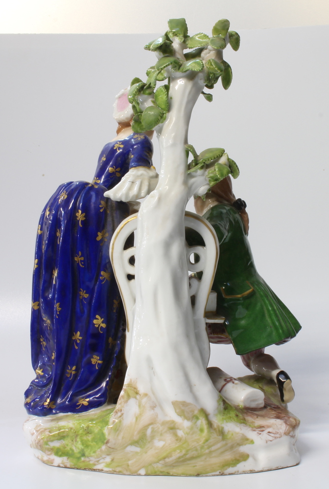 A pair of 19th Century Derby style figure groups of a lady and gentleman seated beneath a tree - Image 6 of 7