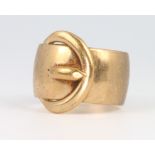 A 9ct yellow gold wide buckle ring size Q, 9.9 grams