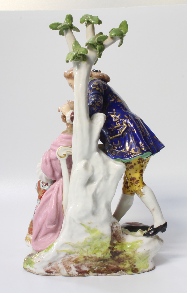 A pair of 19th Century Derby style figure groups of a lady and gentleman seated beneath a tree - Image 3 of 7