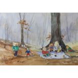 Elizabeth Parr, watercolour signed, "Teddybears Having a Picnic" 38cm x 55cm
