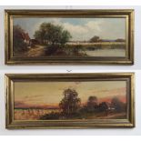 Edwardian oils on board a pair, indistinctly signed, one dated 1911, riverscape with distant village