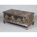 A Chinese black lacquered cabinet decorated figures, the ends fitted 2 short drawers, raised on