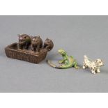 A bronze cold painted figure of a dog 2cm, ditto lizard 3cm and a bronze figure of 3 piglets at
