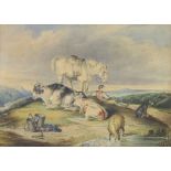 19th Century watercolour, indistinctly signed, a gentleman with horse and animals in an extensive