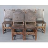 A set of 6 Italian style carved walnut and leather dining chairs with upholstered seats and back and