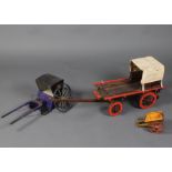 A wooden model of a half covered 19th Century cart 28cm x 81cm x 21cm, 1 other model cart 12cm x