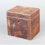 A 19th Century inlaid mahogany tea caddy with hinged lid 11cm h x 11cm w x 9cm d The escutcheon is