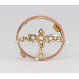 A 9ct yellow gold pearl and amethyst swallow brooch, 2.1 grams