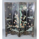 A Chinese black lacquered 4 fold dressing screen decorated birds 185cm h x 46cm when closed x