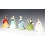 Five Royal Doulton figures - Clarinda HN2724 23cm, Emily HN4093 22cm, Simone HN2378 18cm, Belle