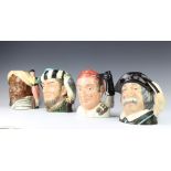 Four Royal Doulton character jugs Sancho Panca D6456 18cm, Bootmaker D6572 17cm, Othello D6673