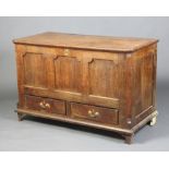 A 17th/18th Century mule chest with crossbanded hinged top and iron handle, the base fitted 2