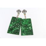 A pair of silver gilt carved jade, diamond and emerald drop earrings