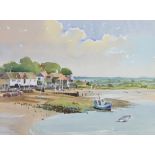 E Wilkinson '90, watercolour, inlet scene with boats 27cm x 46cm