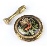 A vintage compact decorated with an exotic fish 7cm and a brass desk seal