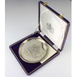 A silver salver with 1947-1972 engraved crest, 20cm, 282 grams, cased