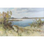 Peter Cox (1912-1985) oil on canvas signed, lakeside view with distant buildings 58cm x 90cm