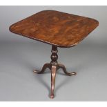 A 19th Century square mahogany snap top tea table raised on turned column and tripod base 69cm h x