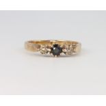 A 9ct yellow gold sapphire and diamond 3 stone ring size L, 1.9 grams