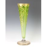 A 19th Century Bohemian gilt decorated green glass tapered vase 46cm h