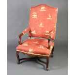 A 17th/18th Century Continental carved walnut open armchair, the seat and back upholstered in pink