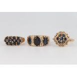 Three 9ct yellow gold gem set rings size M, N and O