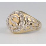 A gentleman's 9ct yellow gold diamond set signet ring, monogrammed S, size S, 7.4 grams