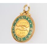 A 9ct yellow gold enamelled cycling fob - Unity Cycling Club founded 1887, 9.7 grams