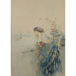 Edwardian watercolour, unsigned, Continental study of a lady leaning on a terrace wall with