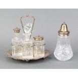A silver plated 4 bottle cruet and a ditto sugar shaker