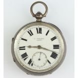 A silver keywind pocket watch with seconds at 6 o'clock