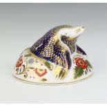 A Royal Crown Derby Imari pattern paperweight of a mole with silver stopper 5cm