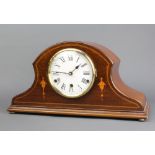 A timepiece with enamelled dial, Roman numerals, contained in a arch shaped inlaid mahogany case