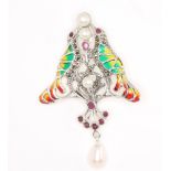 A silver enamelled, pearl and ruby Art Nouveau style brooch