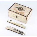 A silver and mother of pearl fruit knife, a pocket knife and a 19th Century sewing box with mirrored