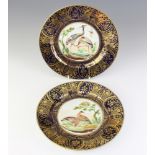 A pair of 19th Century Continental plates, the blue and gilt rims enclosing exotic birds 21cm