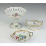 A Dresden 2 handled basket with floral decoration 9cm, ditto leaf dish 10cm and a tazza 11cm