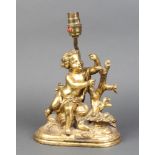 A gilt bronze figure of a seated cherub with a lizard, converted to a table lamp 20cm h x 20cm w x