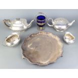 A silver plated 4 piece demi-fluted tea set, a teapot and minor items