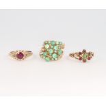 A yellow gold turquoise 5 section ring size M 1/2 and 2 other gem set rings size M 1/2