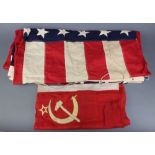 A pre 1948 American flag with 48 stars, hand stitched 150cm x 275cm, together with a Russian flag (2